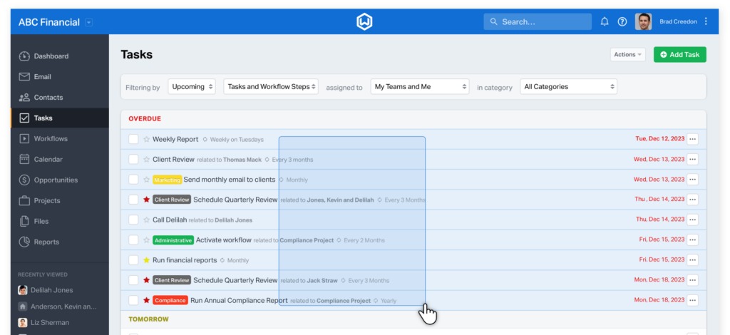 Selecting multiple overdue tasks in Wealthbox.