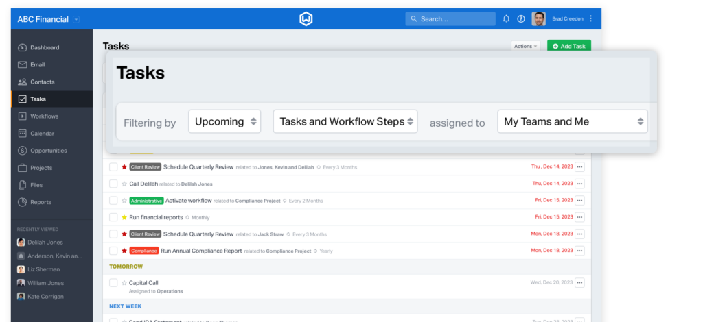Filtering by Tasks and Workflow steps in the Wealthbox CRM Tasks screen.