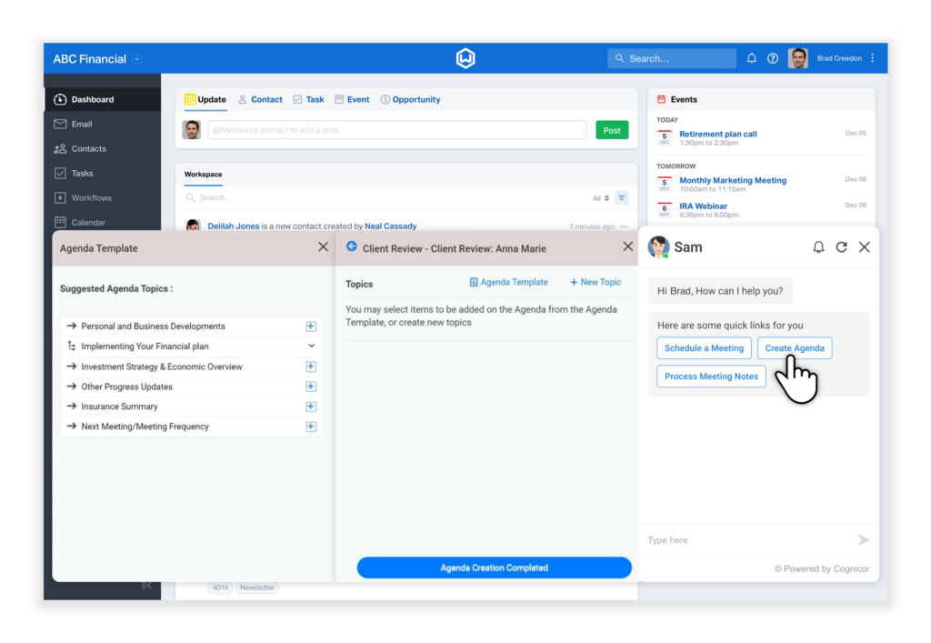 CogniCor's AI-powered meeting assistant, Sam, generates powerful client engagement tools including customizable and exportable meeting agendas.