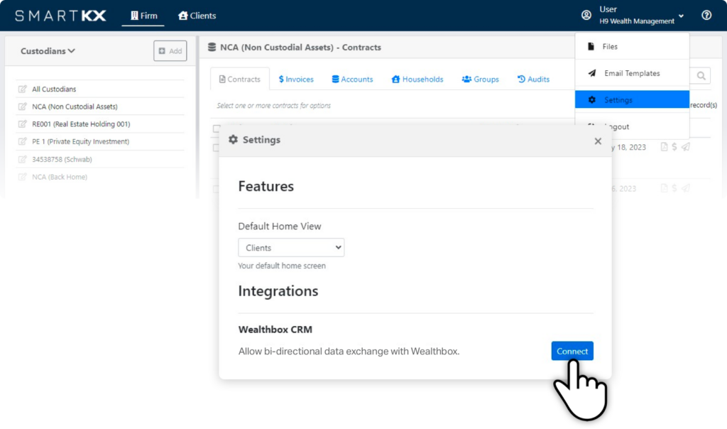 Setting up the Smart Kx integration with Wealthbox by connecting your Wealthbox account in Smart Kx.