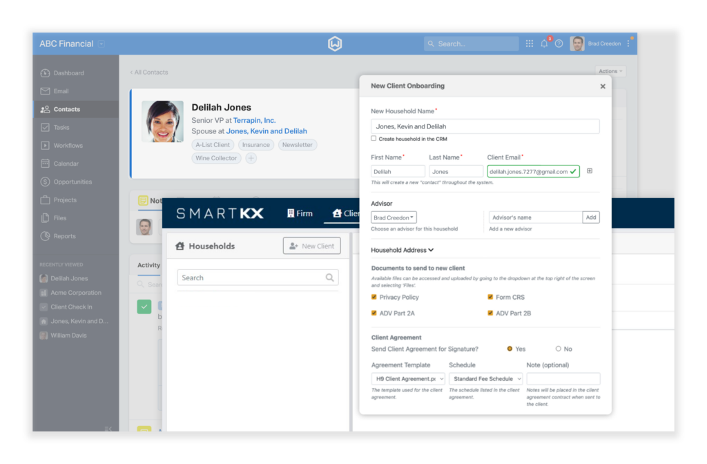 Smart Kx automatically pulls data from Wealthbox contact records to pre-fill agreement forms.