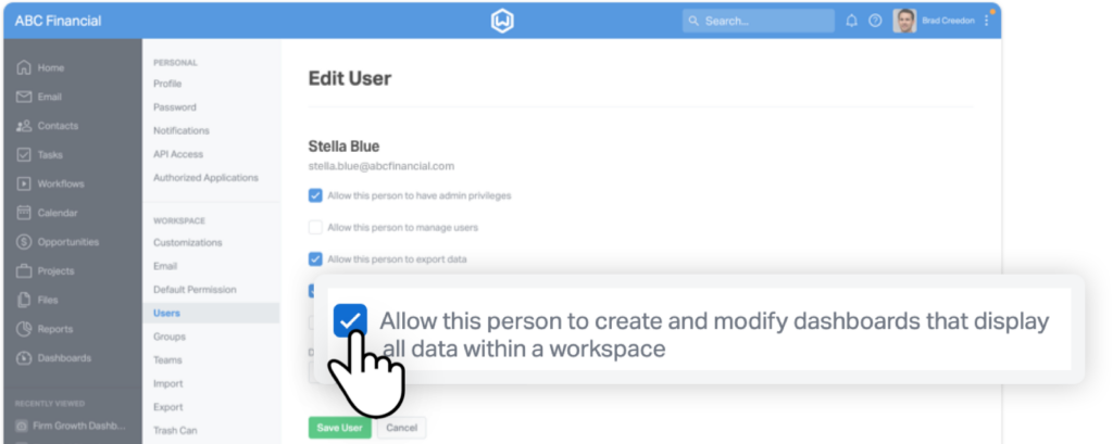 Settings workspace wide dashboard permissions for a user in Wealthbox.