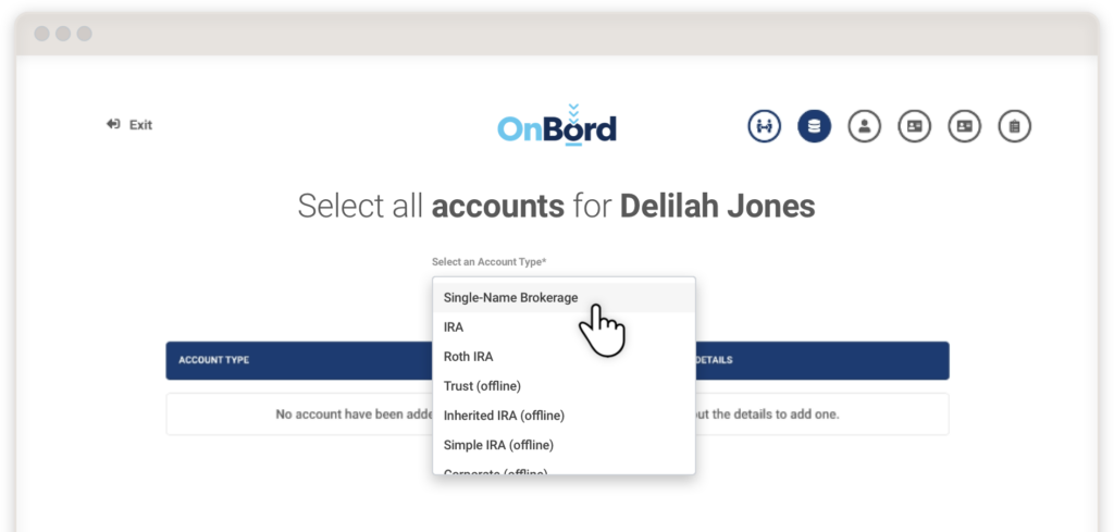 Adding and opening new accounts for a client in OnBord.