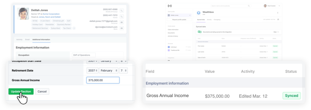 Edited Wealthbox contact record information is automatically updated in Dispatch and all integrated systems.