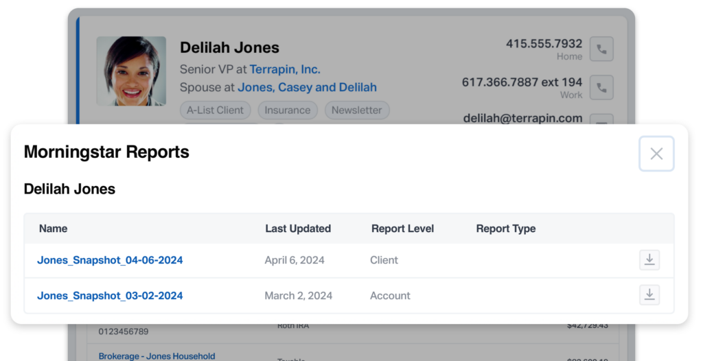 Morningstar reports in Wealthbox Contact Record.