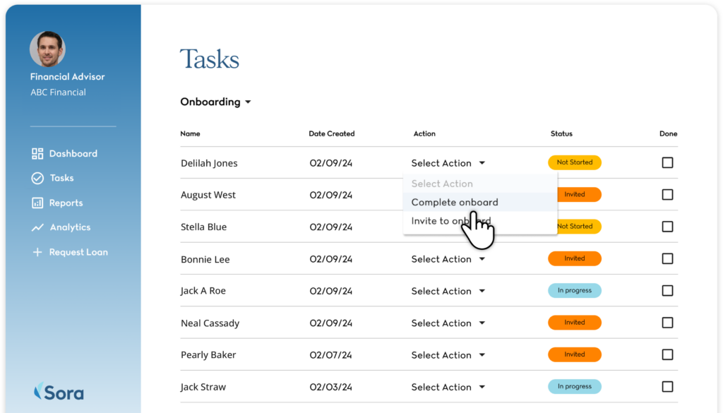 Wealthbox contacts pre-populated in Sora as onboarding tasks.