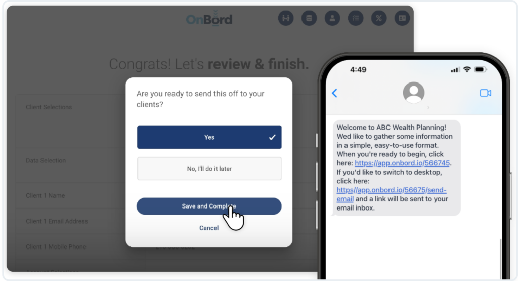Sending client onboarding forms and SMS to clients via OnBord.
