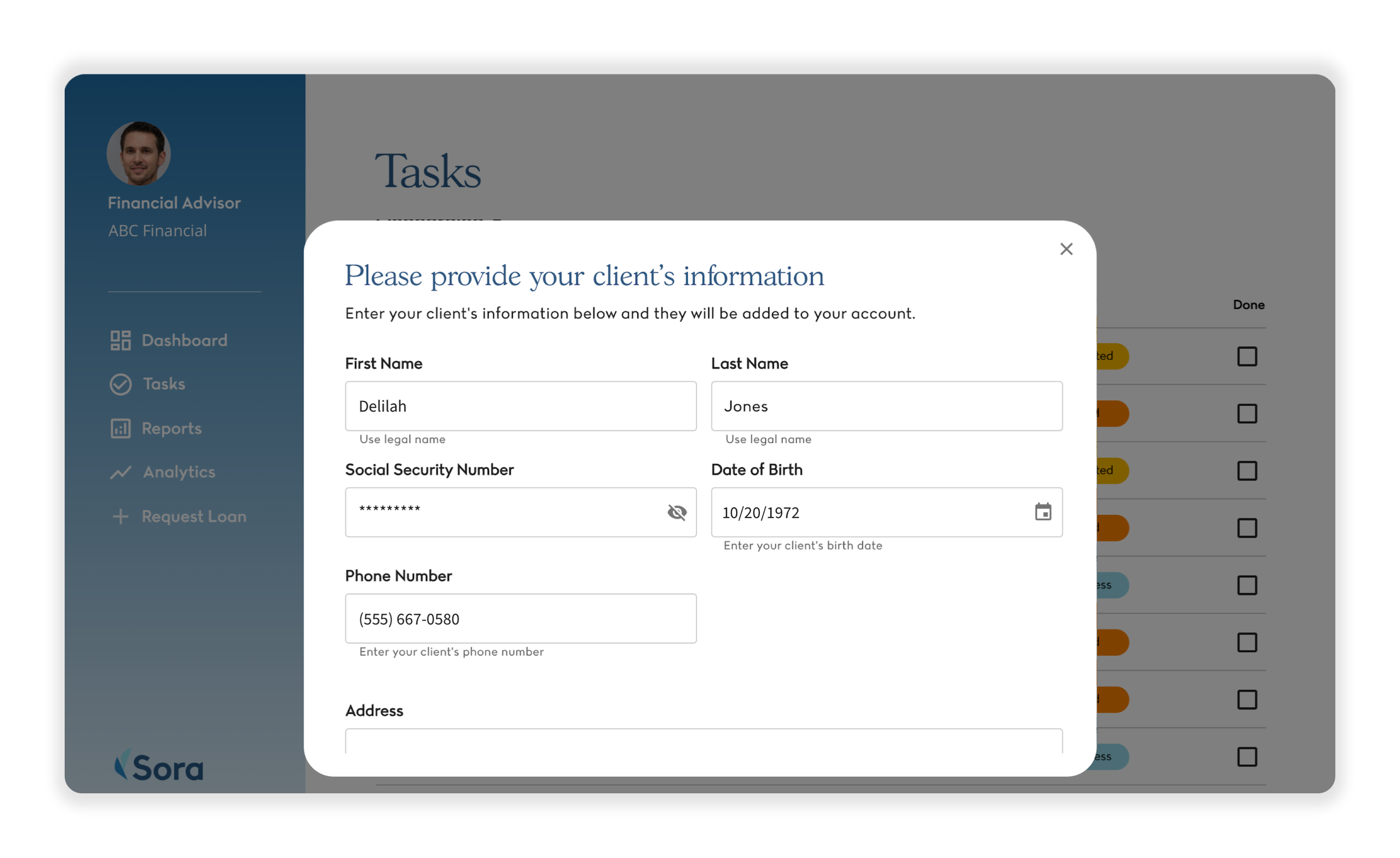 Advisors can complete client onboarding within Sora with information pre-populated from their Wealthbox contact record.