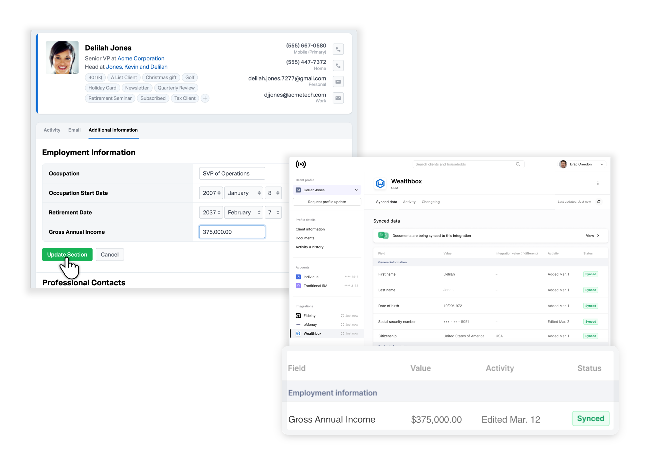 Advisors can then update client information in any of the integrated products and the remaining platforms in their tech stack will update instantly.