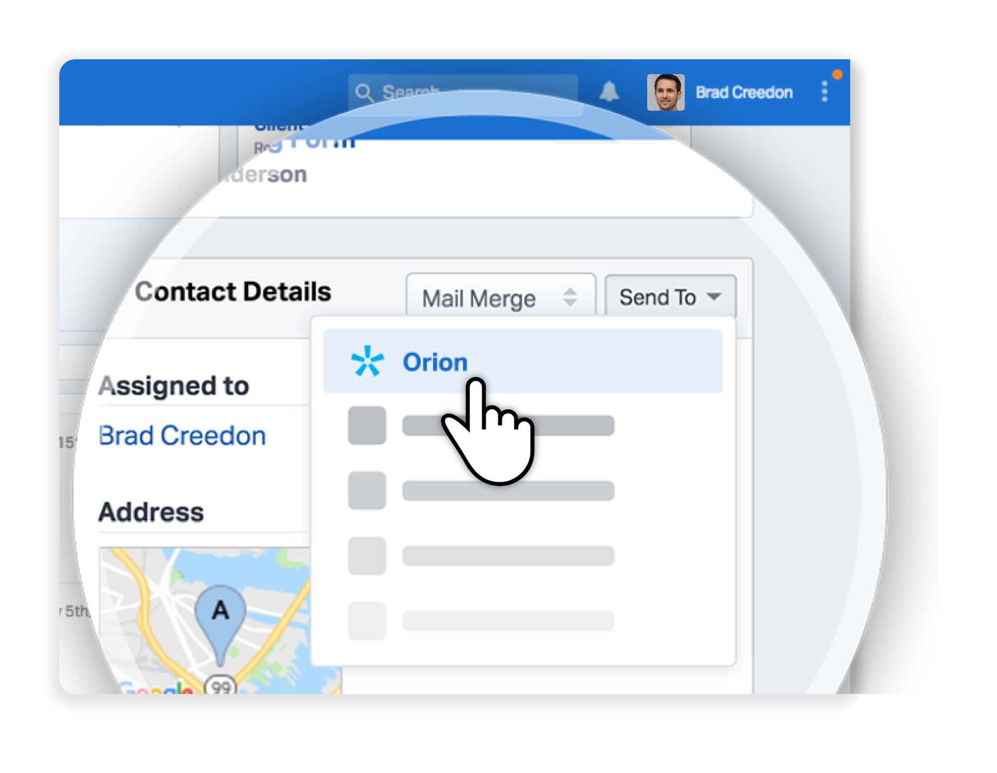 Use the “Send To” menu from a contact record page within Wealthbox to send contact details to Orion to update existing clients or create new ones.