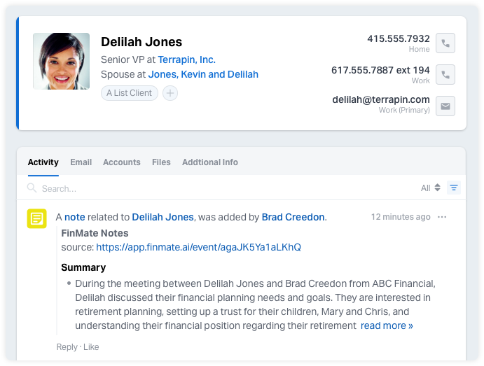 FinMate AI meeting notes are automatically created in Wealthbox Contact Records.