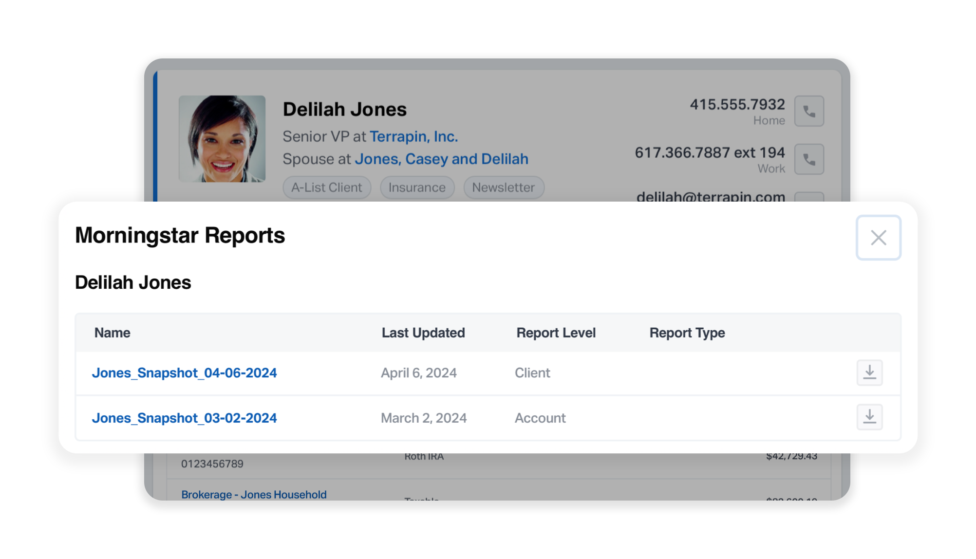 Easily access and manage Morningstar Office reports directly within Wealthbox by clicking on the "View Reports" button.