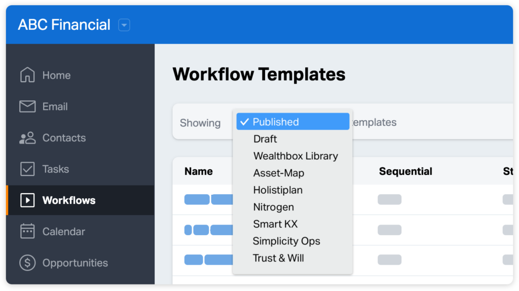 Partner workflows on the Workflow Templates page in Wealthbox.