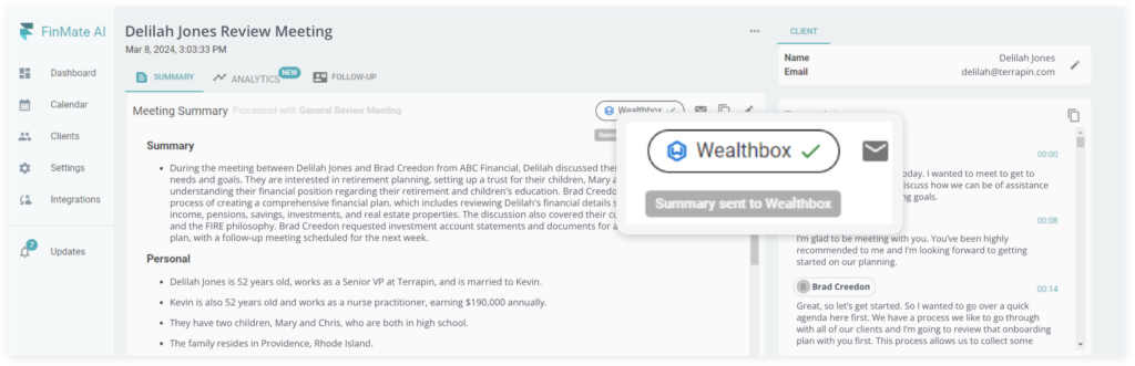 Advisors can take meeting notes in FinMate AI and then send to Wealthbox.