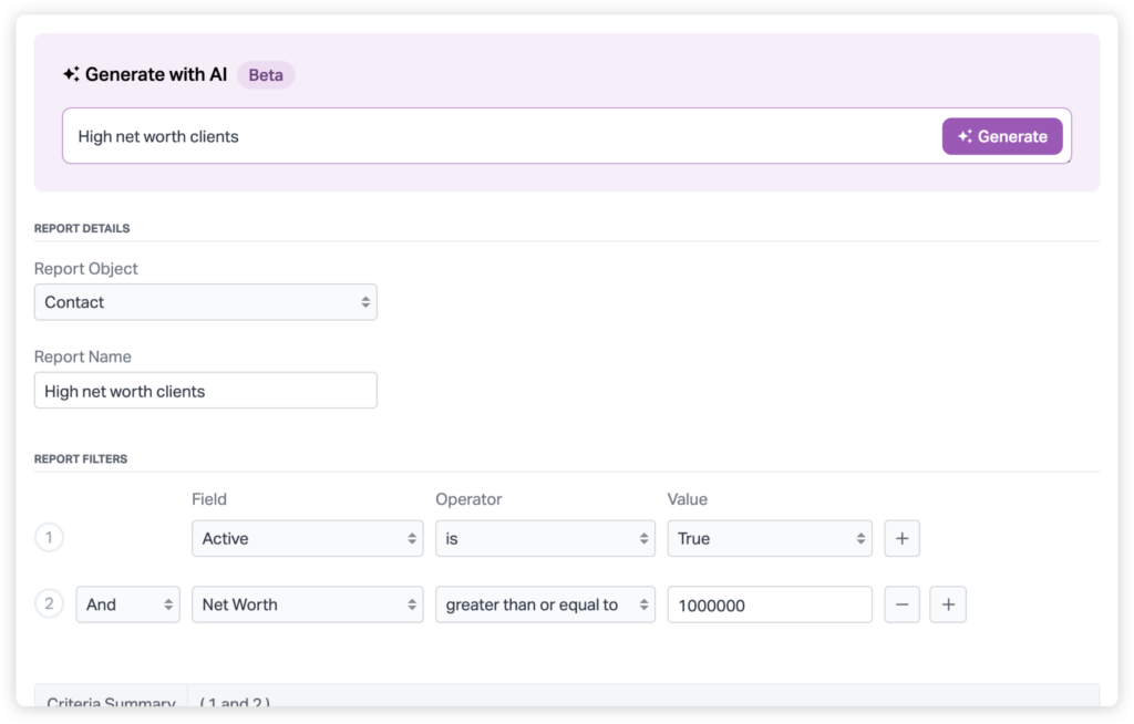 An AI-generated report in Wealthbox with pre-filled criteria fields.