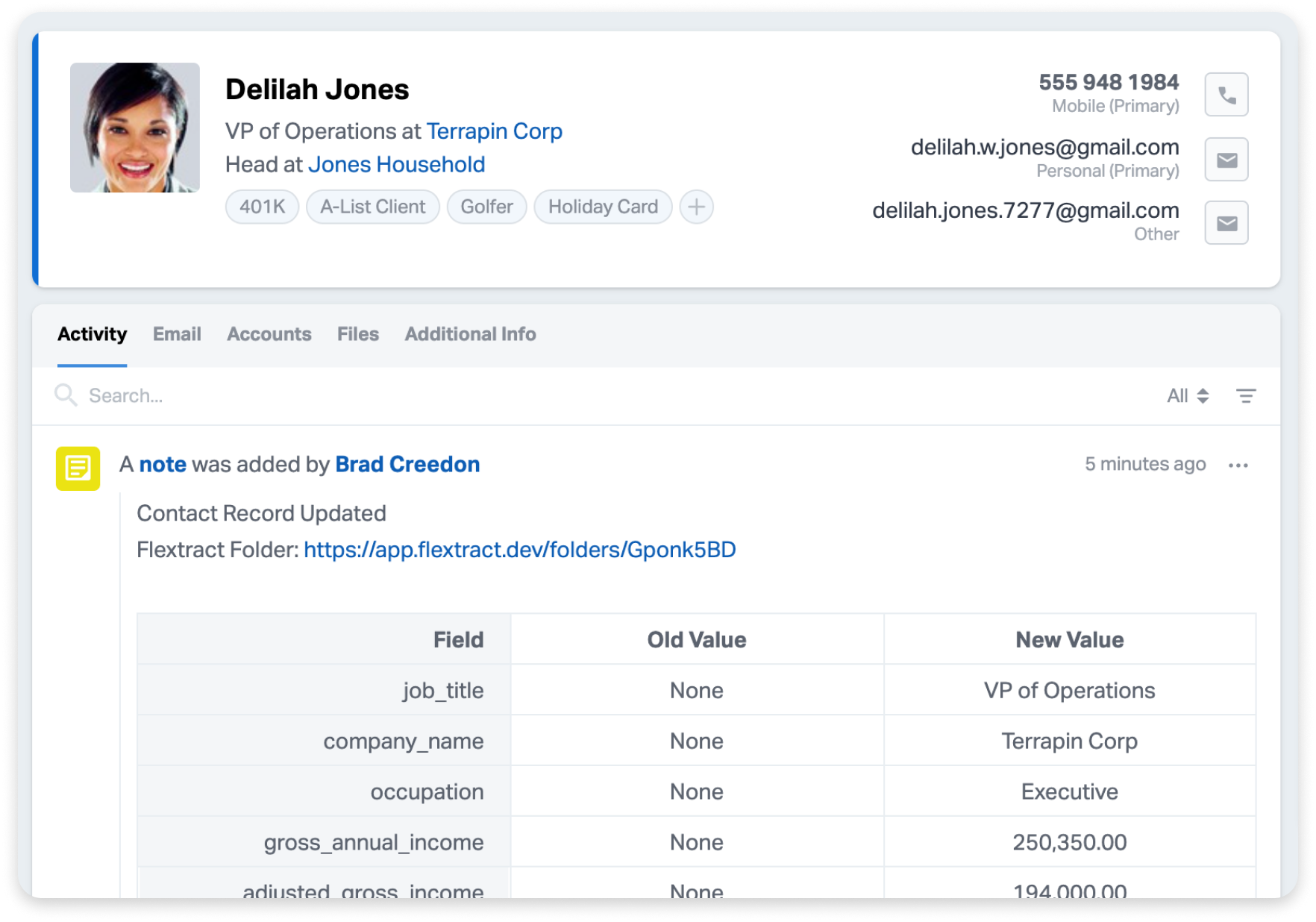 Flextract data in a Wealthbox Contact Record.