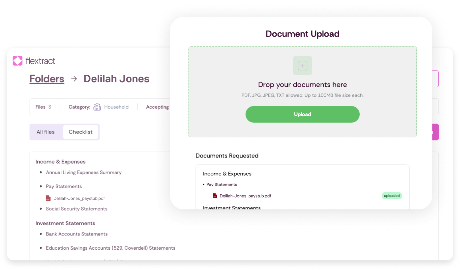 Flextract document upload portal and checklist.