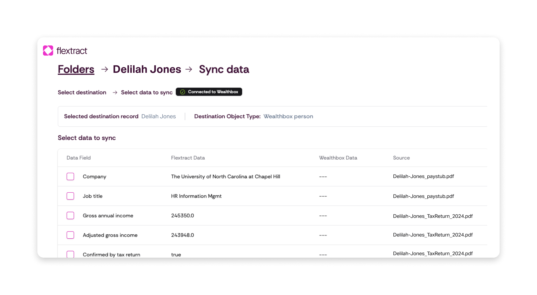 Send data extracted from documents with Flextract into Wealthbox.