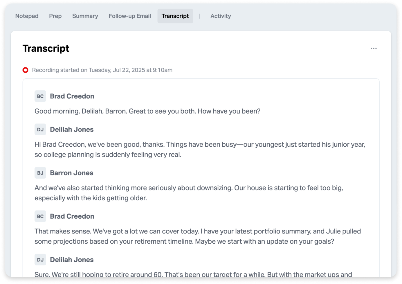 Automatic transcription of meeting audio in Wealthbox AI Notetaker.