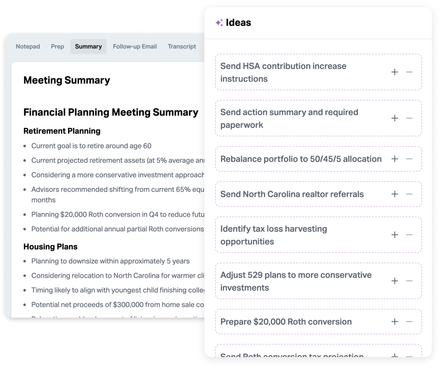 Follow-up suggestions and ideas generated post-meeting in Wealthbox.