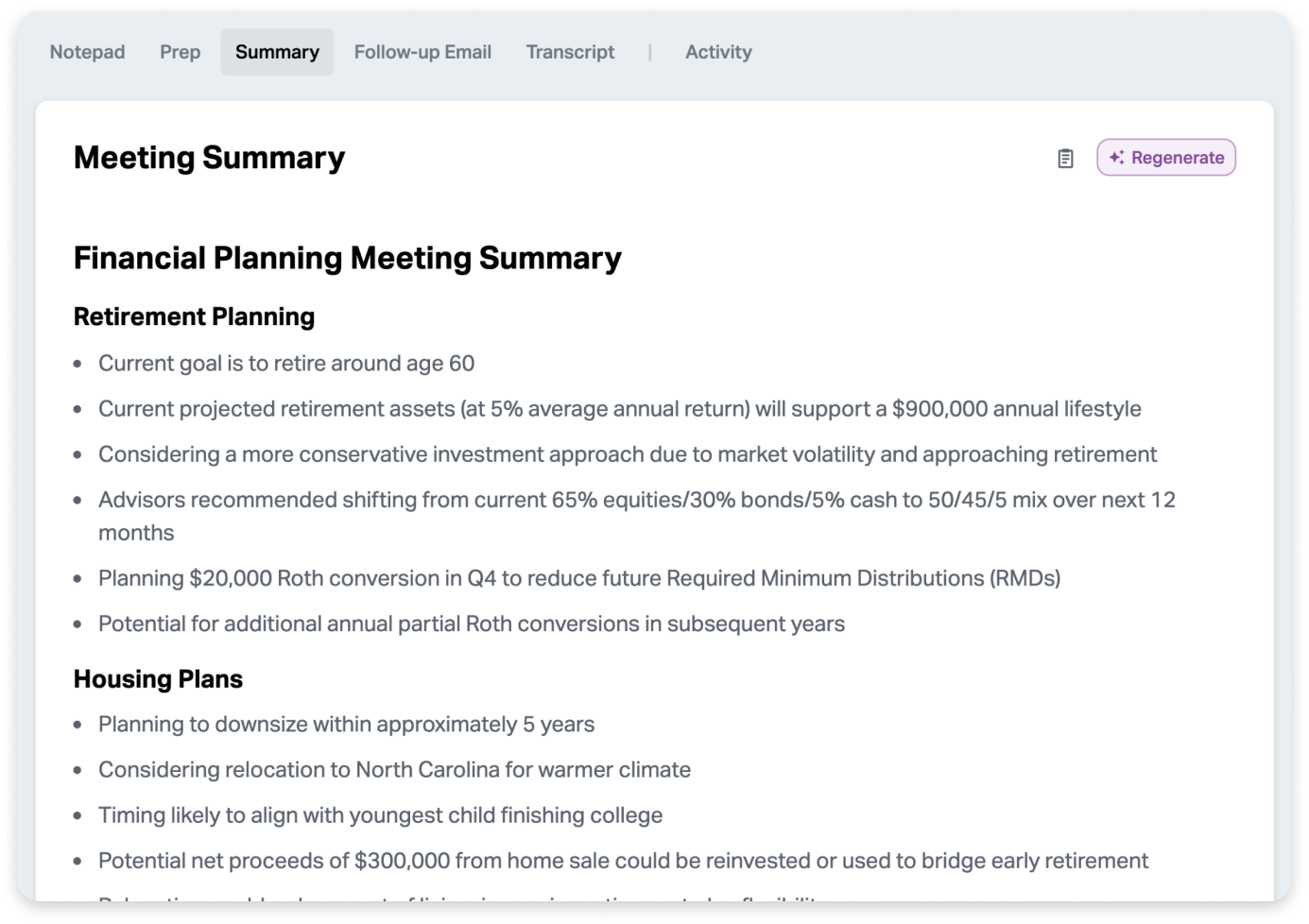 AI-generated meeting summary in Wealthbox.