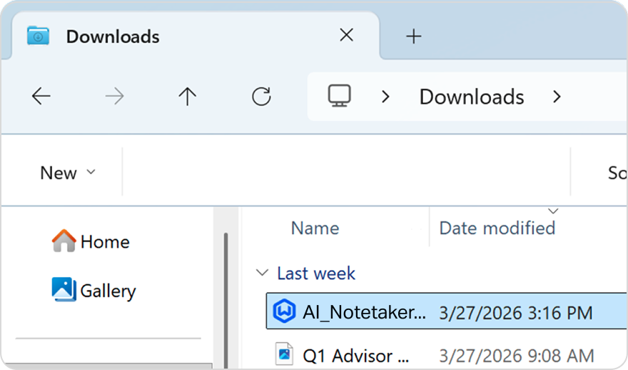 Spotlight search showing wealthbox_ainotetaker.dmg highlighted in results