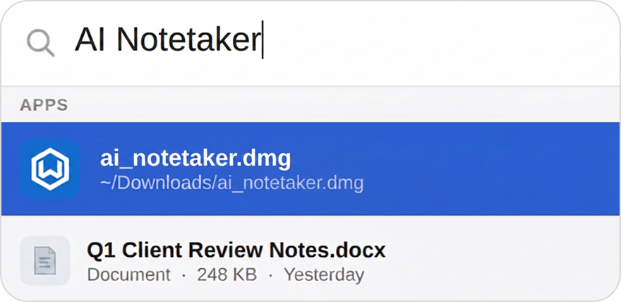 Spotlight search showing wealthbox_ainotetaker.dmg highlighted in results